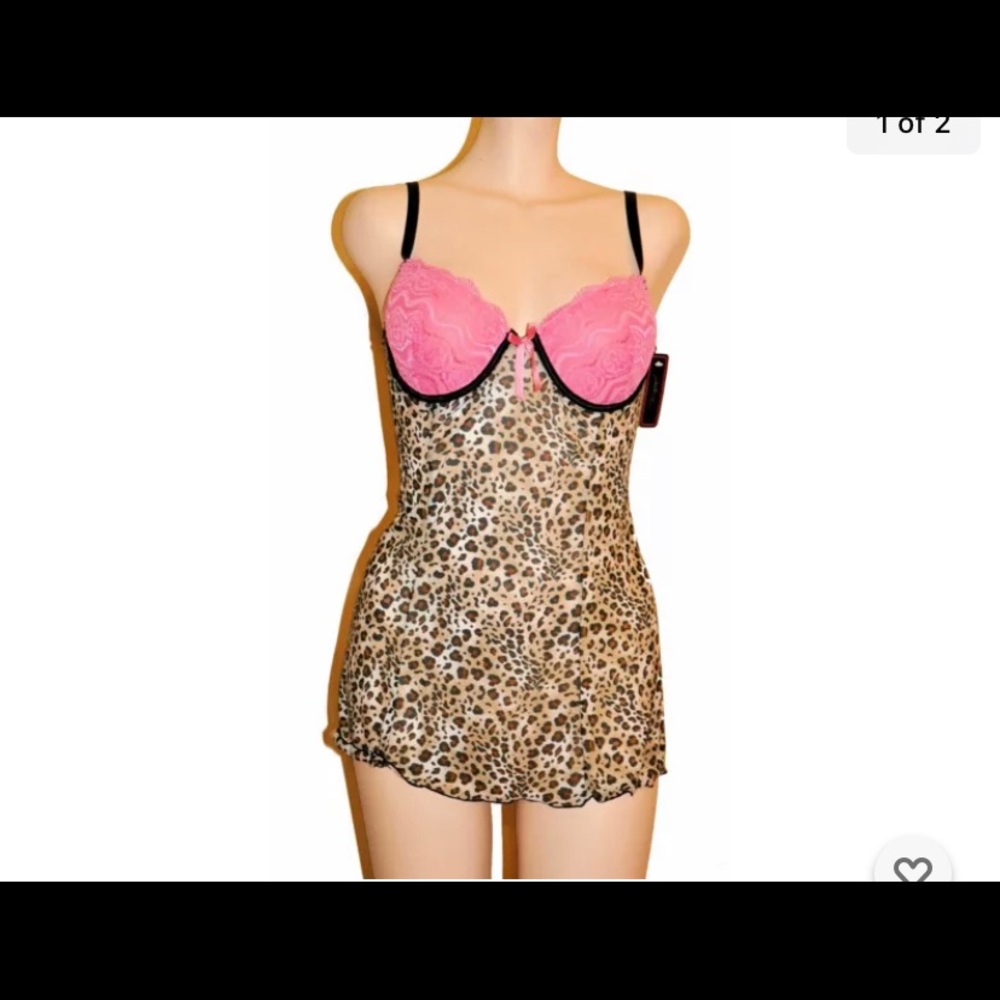 Pink Leopard Print Semi-sheer Push up Underwire slip corset Chemise Costume 36